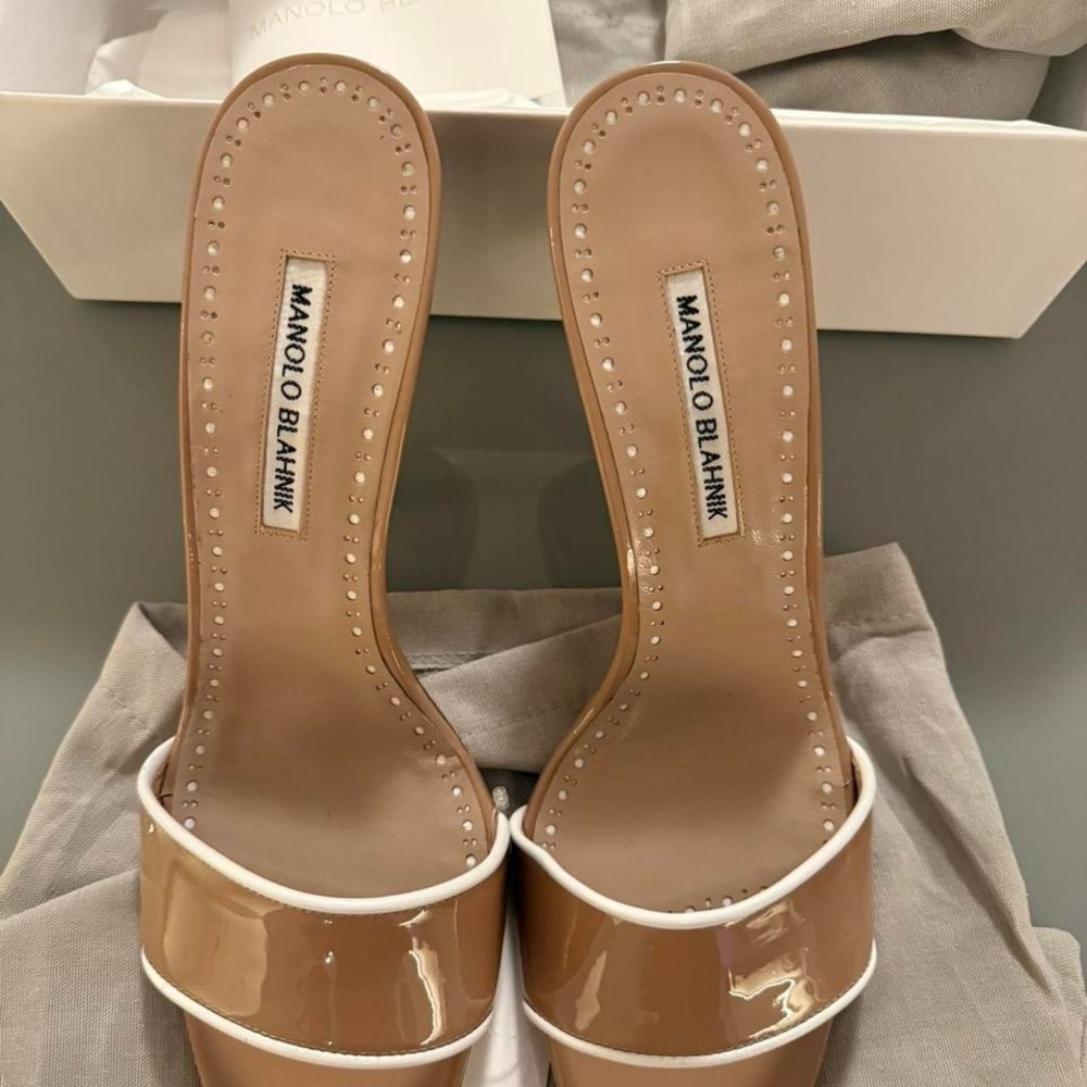 Manolo Blahnik Tan Stiletto Heels with Clear Straps